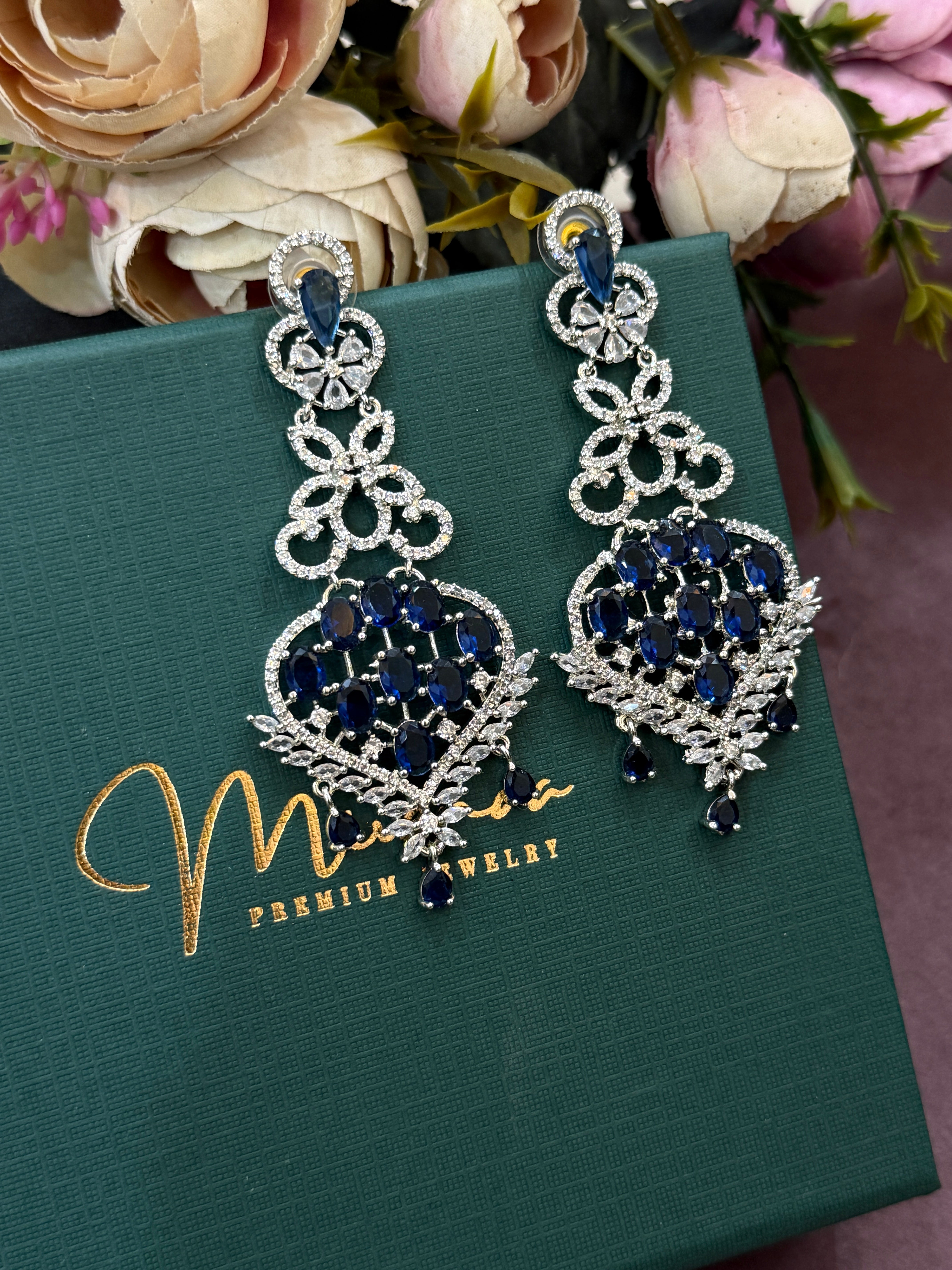Royal Blue Crystal Filigree Chandelier Earrings